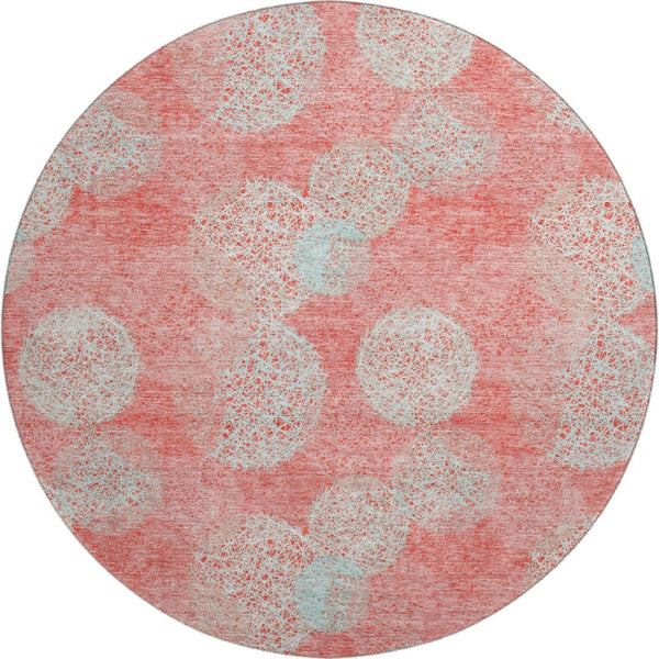 HomeRoots 8' Salmon and Ivory Abstract Round Rug – Washable, UV Protected, Stain Resistant for Everyday Use! 677204