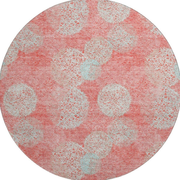 HomeRoots 8' Salmon and Ivory Abstract Round Rug – Washable, UV Protected, Stain Resistant for Everyday Use! 677204