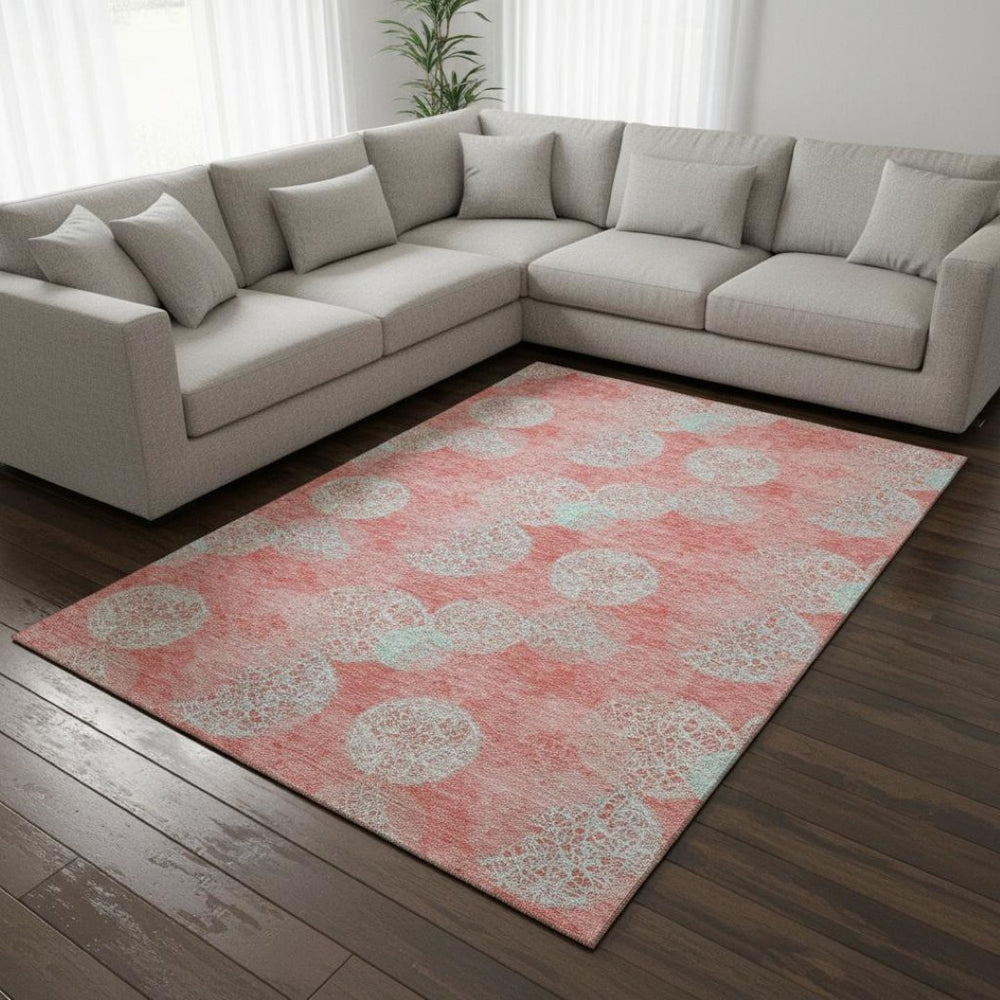 HomeRoots 9' X 12' Salmon and Ivory Abstract Area Rug - Durable, Washable, UV Protected for Busy Homes 677206