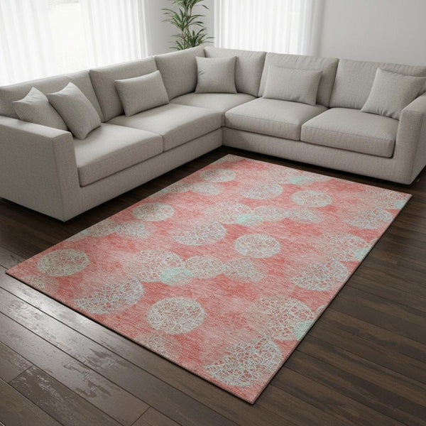 HomeRoots 9' X 12' Salmon and Ivory Abstract Area Rug - Durable, Washable, UV Protected for Busy Homes 677206