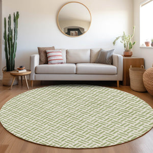 HomeRoots 8' Artichoke Green & Ivory Geometric Round Rug - Washable, UV-Protected, Perfect for High-Traffic Spaces 677210