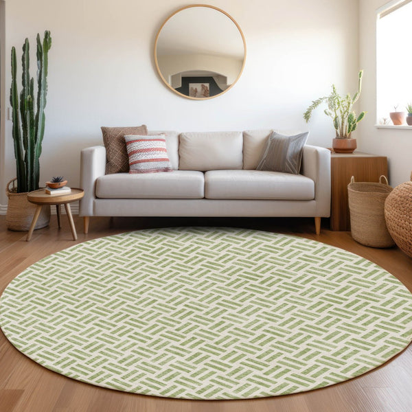 HomeRoots 8' Artichoke Green & Ivory Geometric Round Rug - Washable, UV-Protected, Perfect for High-Traffic Spaces 677210