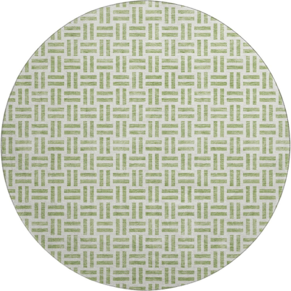 HomeRoots 8' Artichoke Green & Ivory Geometric Round Rug - Washable, UV-Protected, Perfect for High-Traffic Spaces 677210
