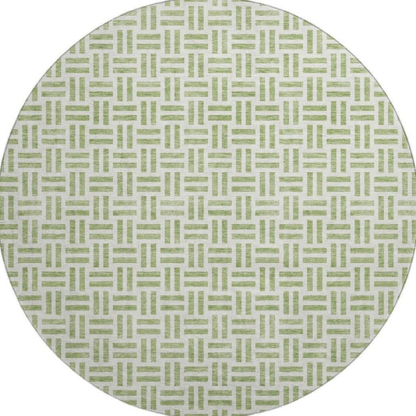 HomeRoots 8' Artichoke Green & Ivory Geometric Round Rug - Washable, UV-Protected, Perfect for High-Traffic Spaces 677210