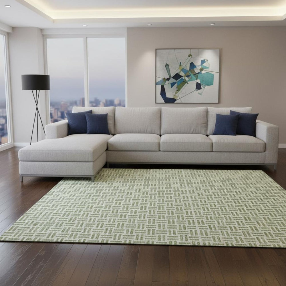 HomeRoots 8' X 10' Artichoke Green Geometric Area Rug - Washable, UV-Protected, Durable for Modern Living Spaces 677211