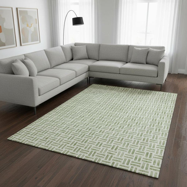 HomeRoots 10' Artichoke Green & Ivory Geometric Washable Area Rug - UV Protected, Stain Resistant, Durable Design 677213