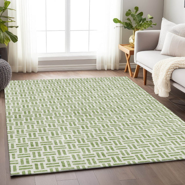 HomeRoots 10' Artichoke Green & Ivory Geometric Washable Area Rug - UV Protected, Stain Resistant, Durable Design 677213