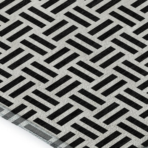 HomeRoots 9' X 12' Modern Black And Ivory Geometric Area Rug - Washable, UV Protected, Durable & Stylish Decor 677218