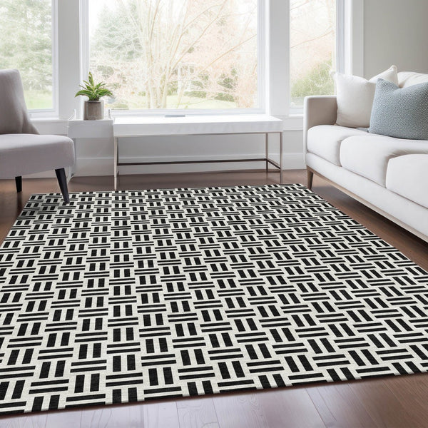 HomeRoots 10' Black and Ivory Geometric Washable Area Rug - UV Protection, Durable, Perfect for Families & Pets 677219