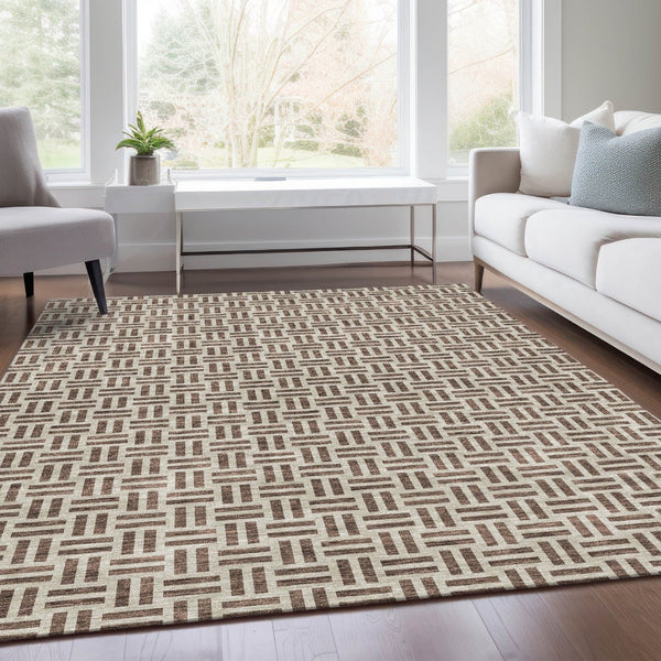 HomeRoots 5' X 8' Chocolate and Beige Geometric Area Rug - Stain Resistant, UV Protected, Easy Care Decor 677221