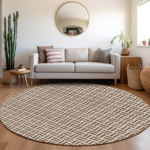 HomeRoots 8' Chocolate and Beige Geometric Round Rug - Washable, Stain Resistant, UV Protected for Homes 677222