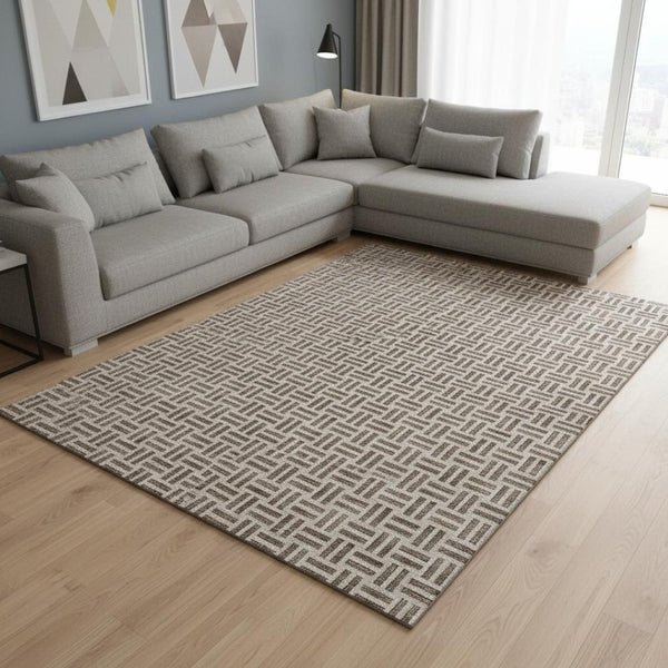 HomeRoots 8' X 10' Chocolate and Beige Geometric Area Rug – Washable, UV-Protected, Durable for Homes with Kids & Pets 677223
