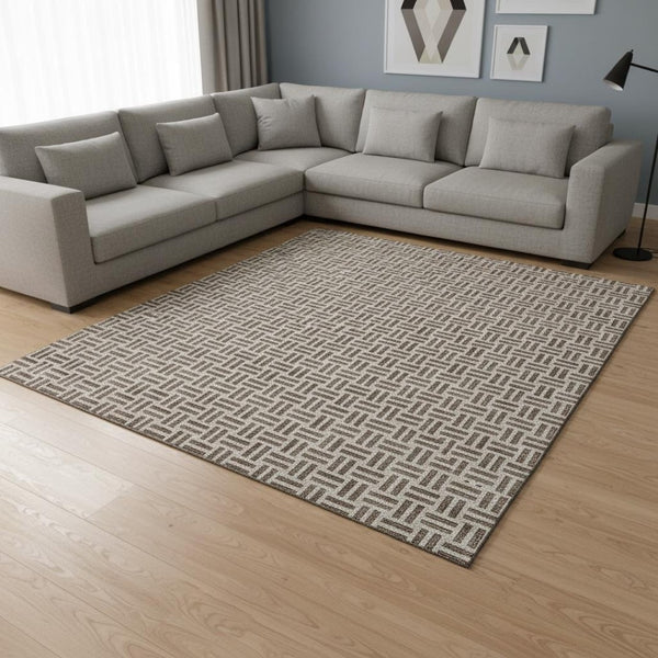 HomeRoots 9' X 12' Chocolate & Beige Geometric Area Rug - Washable, UV Protected, Perfect for Modern Spaces! 677224