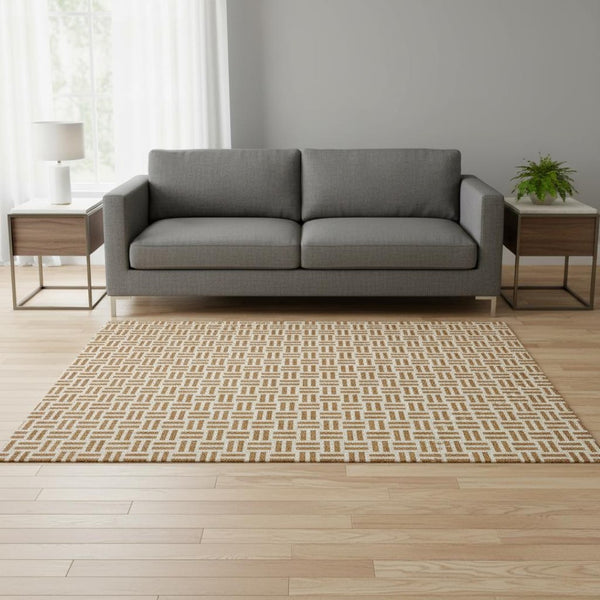 HomeRoots 5' X 8' Copper and Ivory Geometric Washable Area Rug – Durable, UV-Protected, Perfect for Busy Homes! 677227
