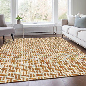 HomeRoots 5' X 8' Copper and Ivory Geometric Washable Area Rug – Durable, UV-Protected, Perfect for Busy Homes! 677227