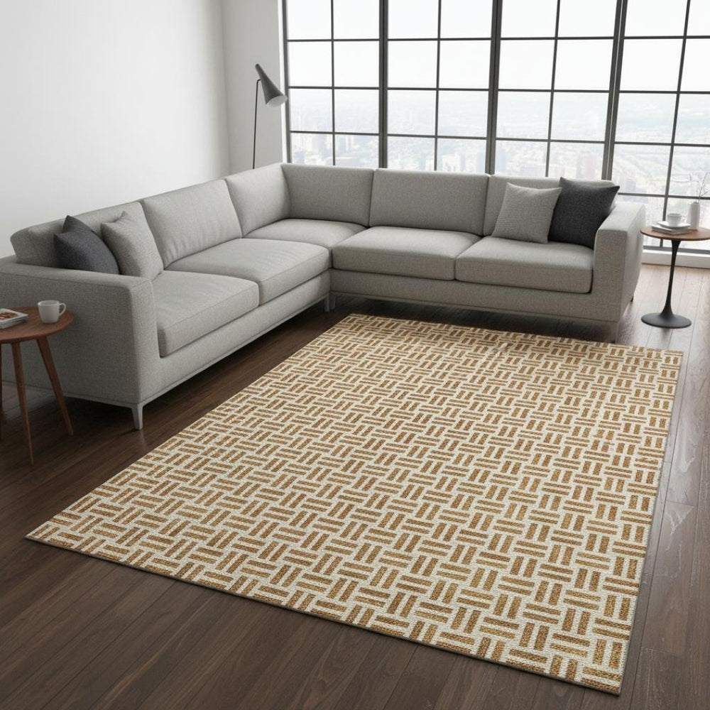 HomeRoots 8' X 10' Copper And Ivory Geometric Washable Area Rug - Stylish, Durable, UV-Protected, Low-Maintenance 677229