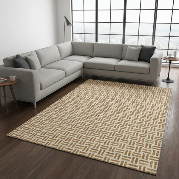 HomeRoots 8' X 10' Copper And Ivory Geometric Washable Area Rug - Stylish, Durable, UV-Protected, Low-Maintenance 677229