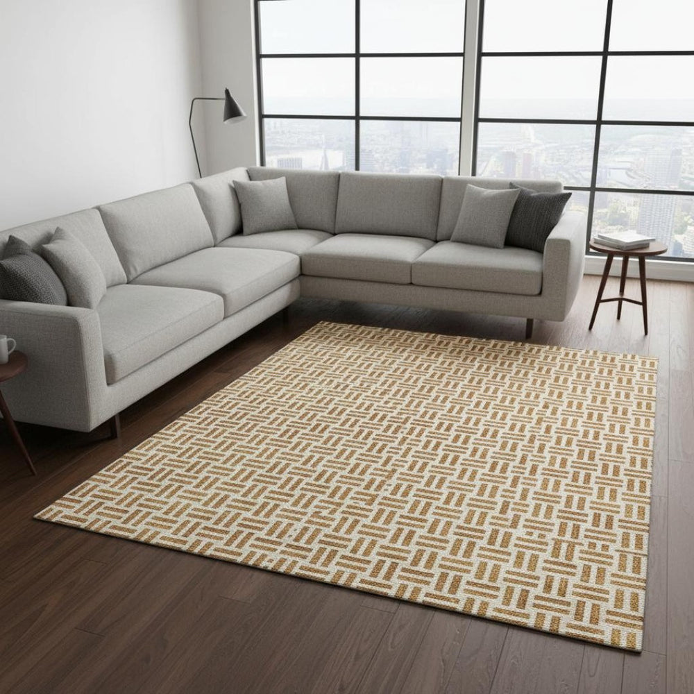 HomeRoots 9' X 12' Copper and Ivory Geometric Area Rug - UV Protected, Stain Resistant, Soft & Stylish Design 677230