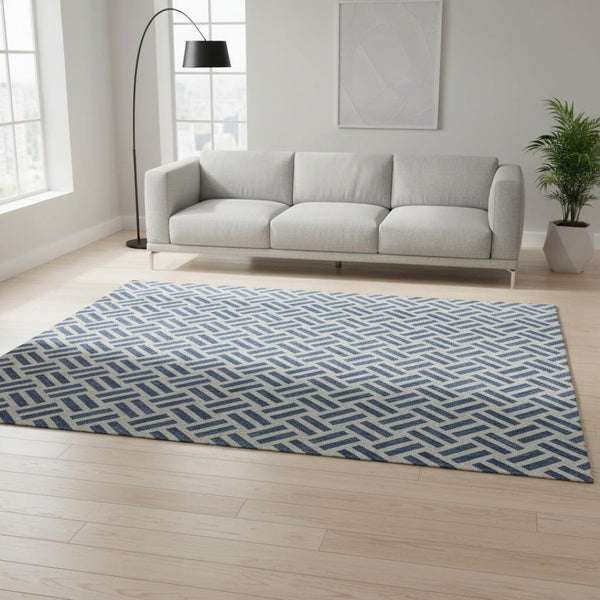 HomeRoots 5' X 8' Denim Blue & Ivory Geometric Area Rug - Washable, UV Protected, Perfect for High-Traffic Spaces 677233