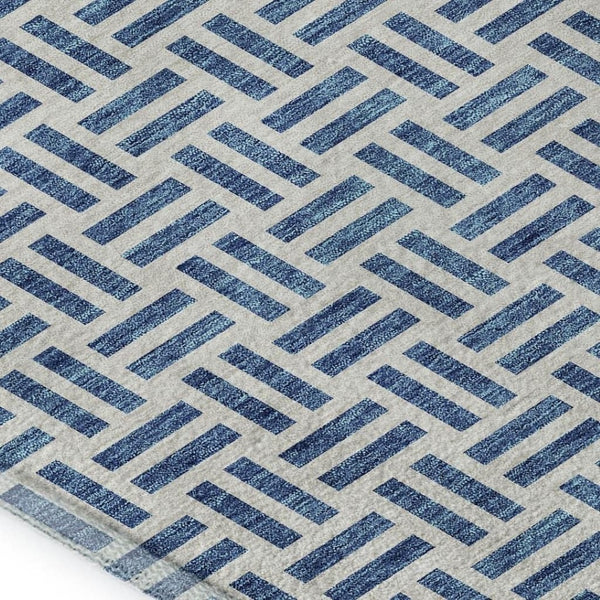 HomeRoots 5' X 8' Denim Blue & Ivory Geometric Area Rug - Washable, UV Protected, Perfect for High-Traffic Spaces 677233