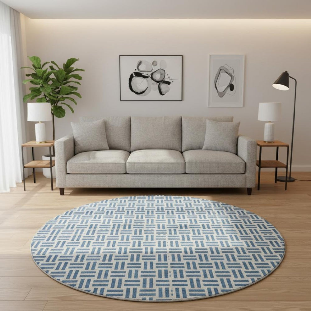 HomeRoots 8' Denim Blue Geometric Washable Round Rug - Soft, Stain Resistant, UV Protected for Modern Homes 677234