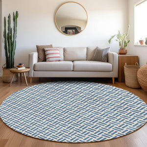 HomeRoots 8' Denim Blue Geometric Washable Round Rug - Soft, Stain Resistant, UV Protected for Modern Homes 677234