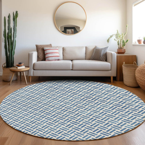 HomeRoots 8' Denim Blue Geometric Washable Round Rug - Soft, Stain Resistant, UV Protected for Modern Homes 677234