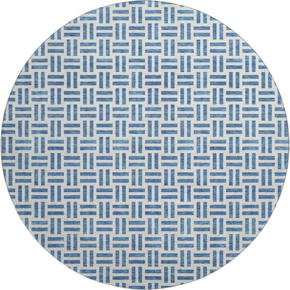 HomeRoots 8' Denim Blue Geometric Washable Round Rug - Soft, Stain Resistant, UV Protected for Modern Homes 677234