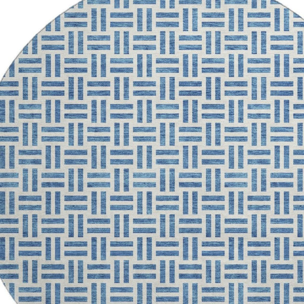 HomeRoots 8' Denim Blue Geometric Washable Round Rug - Soft, Stain Resistant, UV Protected for Modern Homes 677234