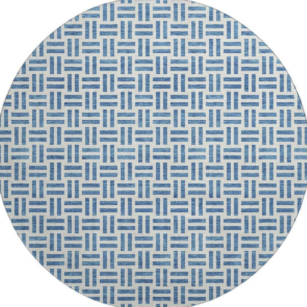 HomeRoots 8' Denim Blue Geometric Washable Round Rug - Soft, Stain Resistant, UV Protected for Modern Homes 677234