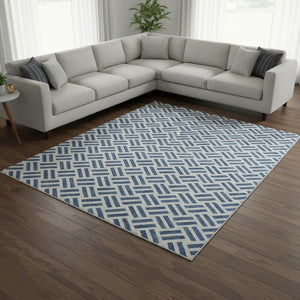 HomeRoots 8' X 10' Denim Blue & Ivory Geometric Area Rug – Washable, UV-Protected & Perfect for High-Traffic Spaces 677235