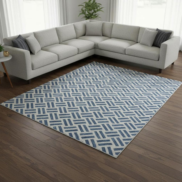 HomeRoots 8' X 10' Denim Blue & Ivory Geometric Area Rug – Washable, UV-Protected & Perfect for High-Traffic Spaces 677235
