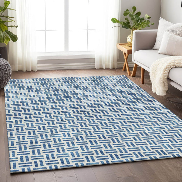 HomeRoots 8' X 10' Denim Blue & Ivory Geometric Area Rug – Washable, UV-Protected & Perfect for High-Traffic Spaces 677235