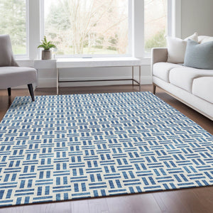 HomeRoots 8' X 10' Denim Blue & Ivory Geometric Area Rug – Washable, UV-Protected & Perfect for High-Traffic Spaces 677235