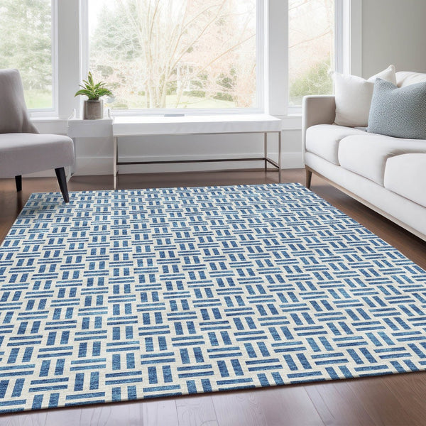 HomeRoots 8' X 10' Denim Blue & Ivory Geometric Area Rug – Washable, UV-Protected & Perfect for High-Traffic Spaces 677235