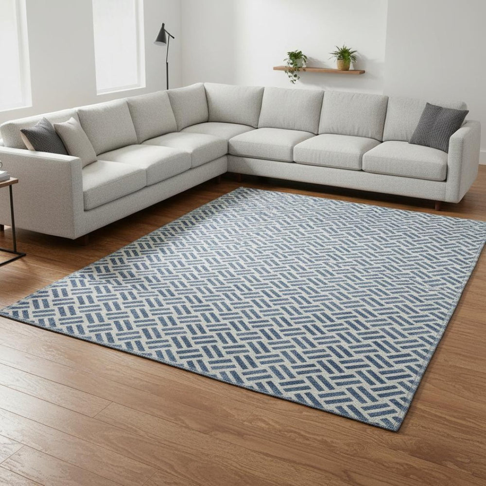 HomeRoots 9' X 12' Denim Blue Geometric Washable Area Rug with UV Protection for Stylish, Durable Spaces 677236