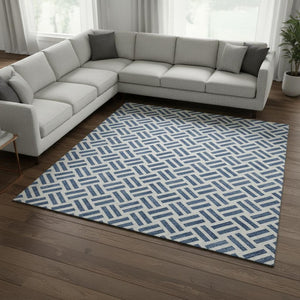 HomeRoots 10' X 14' Denim Blue Geometric Area Rug - Washable, UV Protected, Durable for High-Traffic Homes 677237