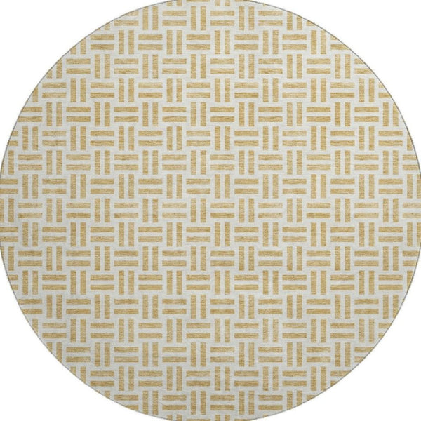 HomeRoots 8' Gold and Ivory Geometric Round Rug - Washable, UV-Protected, Durable for Modern Living Spaces 677240