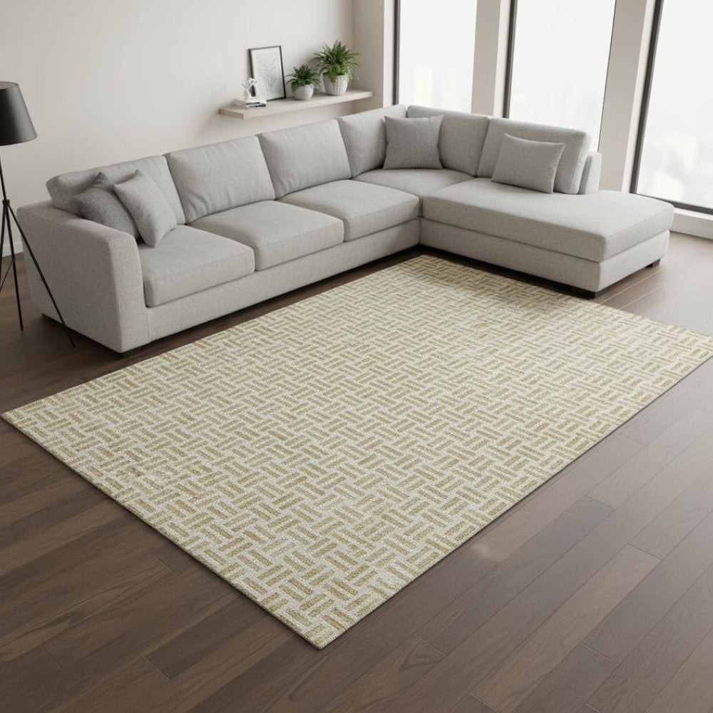 HomeRoots 8' X 10' Gold and Ivory Geometric Area Rug – Stain-Resistant, UV Protected, Perfect for Families 677241