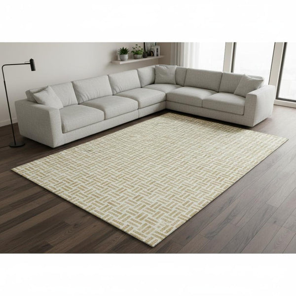 HomeRoots 9' X 12' Gold And Ivory Geometric Area Rug - Washable, UV Protected, Stain-Resistant, Durable Design 677242