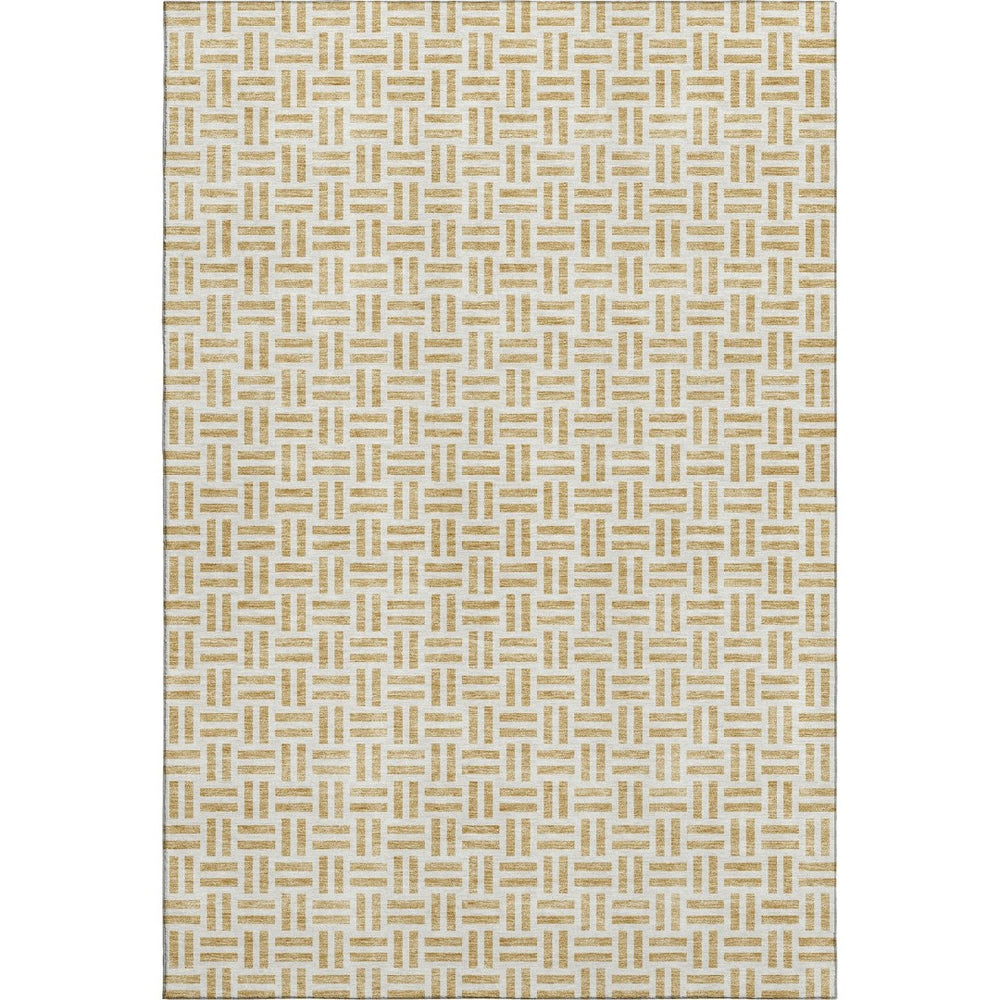 HomeRoots 9' X 12' Gold And Ivory Geometric Area Rug - Washable, UV Protected, Stain-Resistant, Durable Design 677242