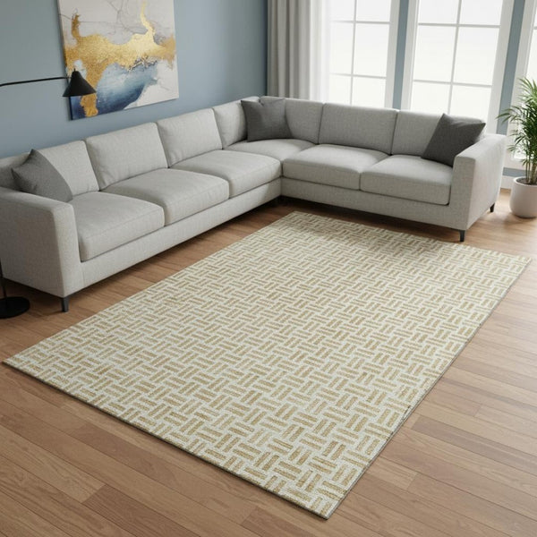 HomeRoots 10' Geometric Gold and Ivory Washable Area Rug with UV Protection - Stylish, Durable, and Easy Care 677243