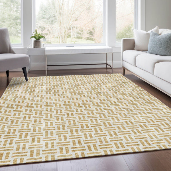 HomeRoots 10' Geometric Gold and Ivory Washable Area Rug with UV Protection - Stylish, Durable, and Easy Care 677243