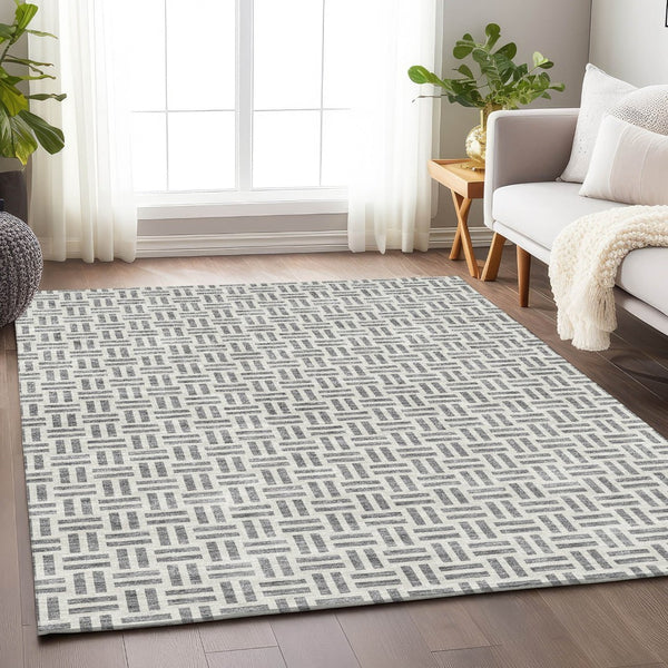 HomeRoots 8' x 10' Gray and Ivory Geometric Washable Area Rug with UV Protection for Modern Homes and Style 677247
