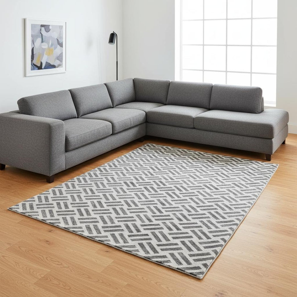 HomeRoots 8' x 10' Gray and Ivory Geometric Washable Area Rug with UV Protection for Modern Homes and Style 677247