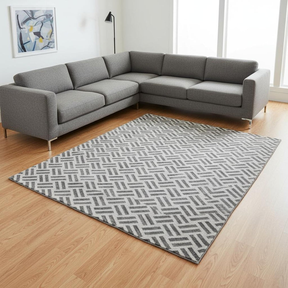 HomeRoots 10' X 14' Gray and Ivory Geometric Area Rug - Washable, Stain-Resistant, UV Protection for Homes! 677249
