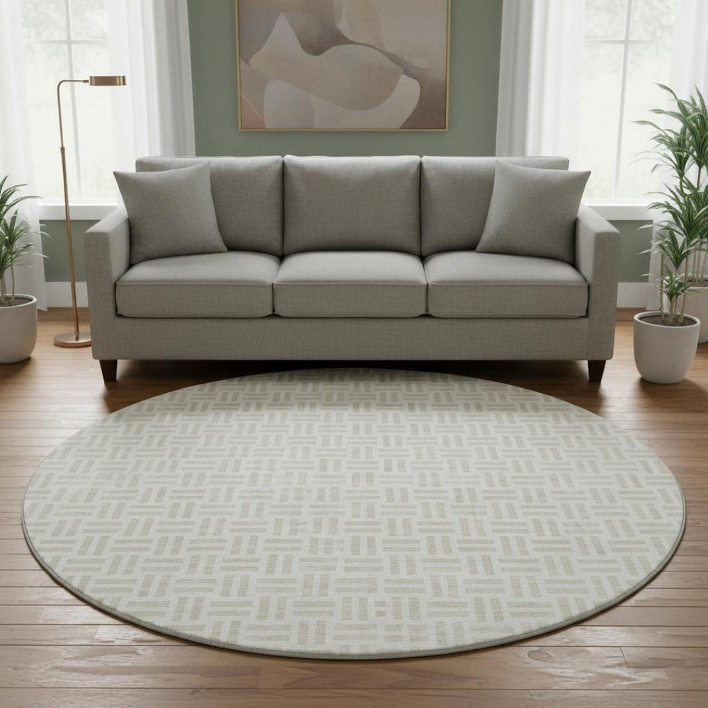 HomeRoots 8' Stylish Ivory and Beige Geometric Round Rug with UV Protection - Durable, Washable, and Stain-Resistant! 677252