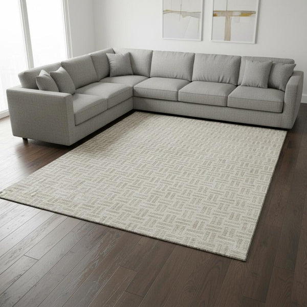 HomeRoots 9' X 12' Ivory and Beige Geometric Area Rug – Washable, Stain-Resistant, UV Protected for High-Traffic Spaces 677254