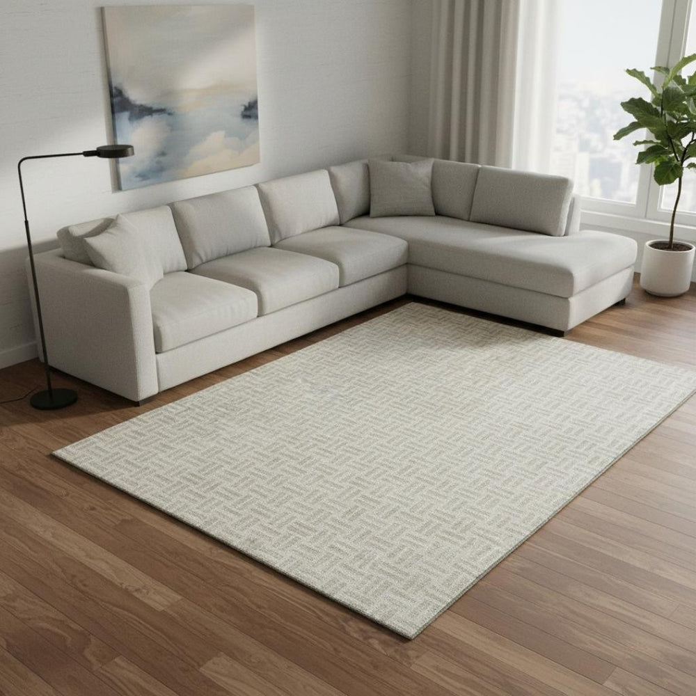 HomeRoots 10' x 14' Ivory and Beige Geometric Area Rug - Stylish, Washable, UV-Protected for Modern Living Spaces 677255