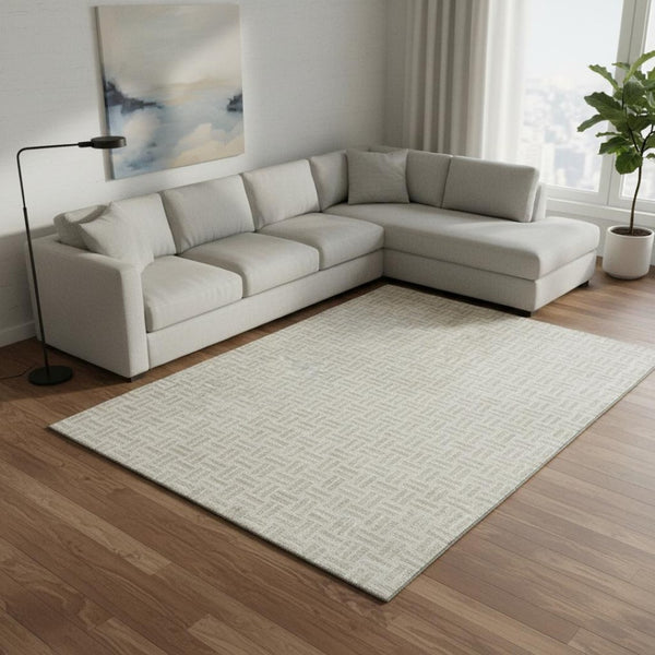 HomeRoots 10' x 14' Ivory and Beige Geometric Area Rug - Stylish, Washable, UV-Protected for Modern Living Spaces 677255